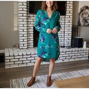 Merona Sz S Teal Green Floral Shift Dress Boho V-Neck High-Low Hem Long Sleeve